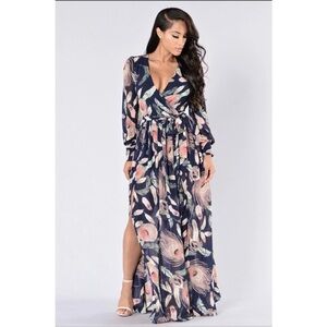 Fashion Nova Navy and Pink Floral Long Sleeve Dress